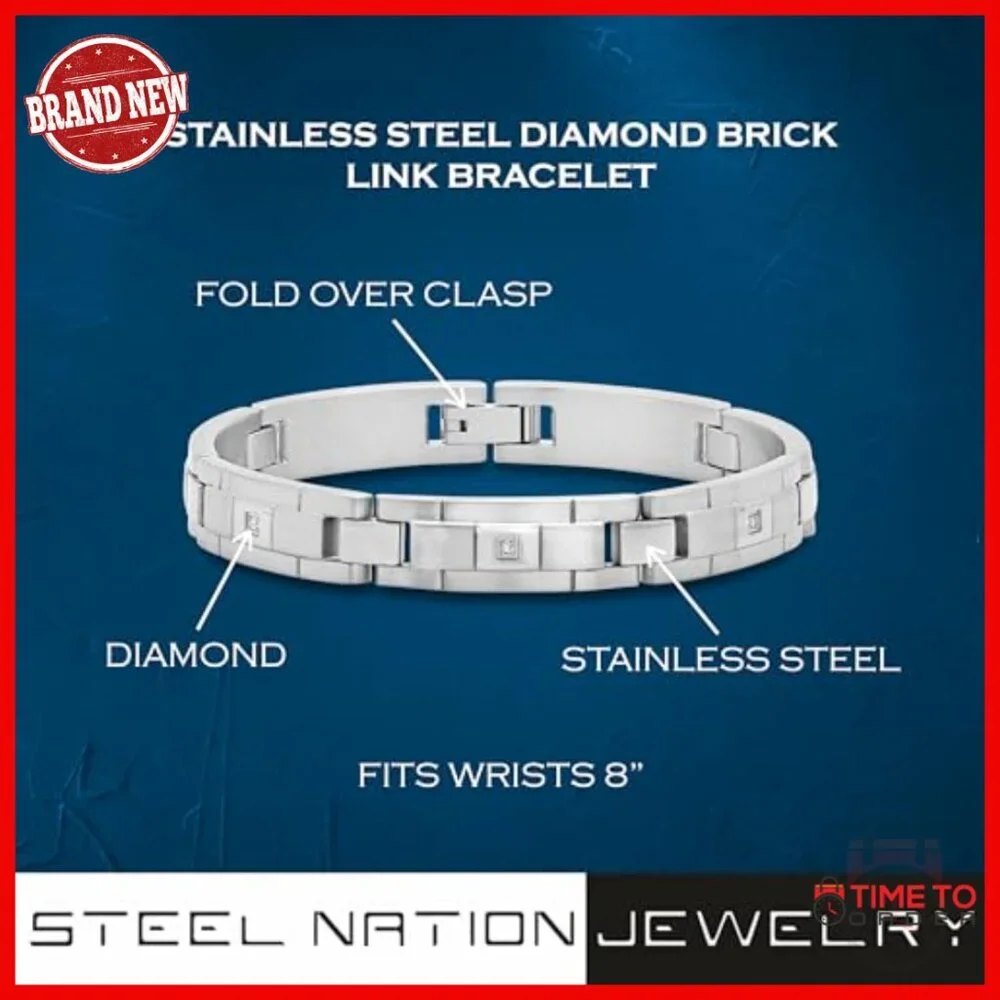 Stainless Steel Men's Bracelet with Diamonds, 8.5 Inch Link Chain